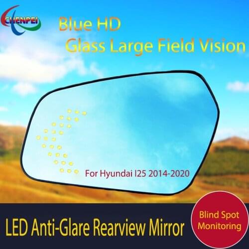 Large View Blue Mirror Anti-Glare Electrically Heated Rearview Mirror With LED Turn Indicator For Hyundai I25 2014-2020
