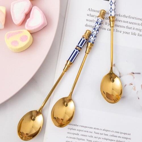 304 Dessert Spoon Stainless Steel Coffee Ceramic Long Handle Stirring Gold-Plated Spoon watermelon spoon ice cream spoon