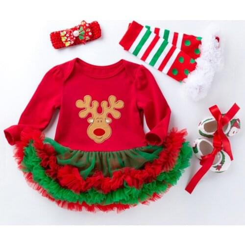 Baby Girl Christmas Dress 4Pcs Clothing Sets Newborn Snowflake Dress Baby Suit Cotton Long Sleeves Baby Jumpsuit Romper Roupas