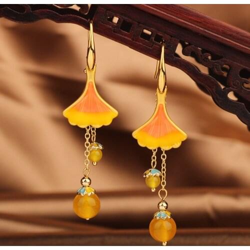 Ethnic New Long tassel ginkgo leaf earrings Drop Long earrings, nature stones earrings, Vintage earrings for women 2020 Jewelry