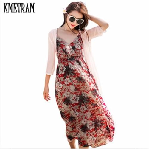 KMETRAM New Style Chiffon Spring Summer Dress 2020 Bohemian Maxi Floral Two Pieces Long Beach Dress Vestidos Plus Size 3XL HH717