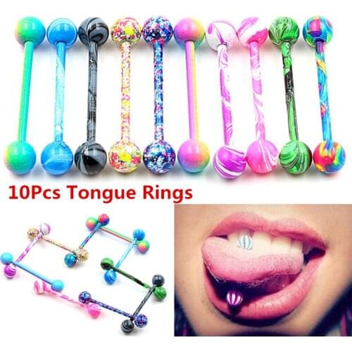 10Pcs Tongue Rings Colorful Glitters Tongue Rings Sexy Steel Fashion Piercing Tongue Studs Jewelry
