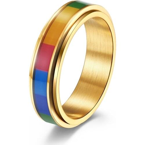 6MM Lala Gay Rainbow Rotatable Ring for Men Woman Stainless Steel Spinner Rings Lesbian Pride Jewelry Gift