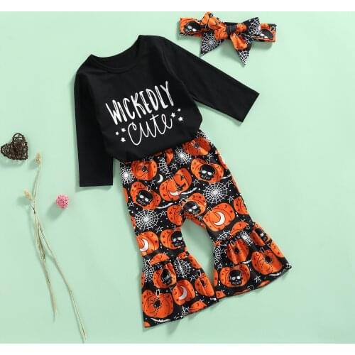 Infant Baby Girl’s T-shirt and Trousers Suit Fashion Letter Long Sleeve Tops and Halloween Trumpet Pants With Headband