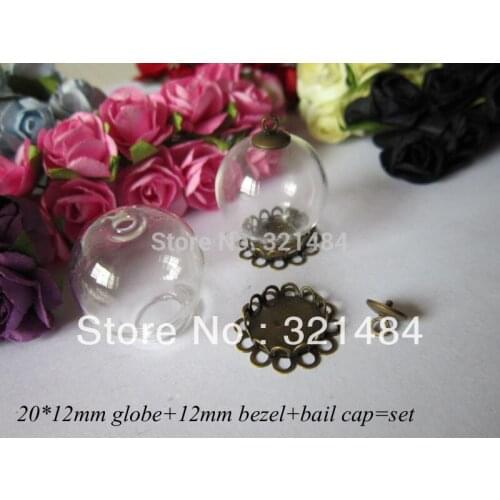 50set glass bottle vials pendants jewelry making 20*12mm globe 12mm antique bronze bezel blank setting base&caps finding