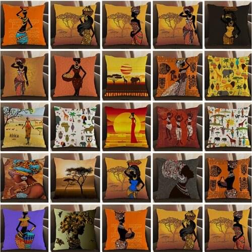 African style Cotton linen pillow case Cushion cover African characters cartoon women customs pillows cushions covers Decor