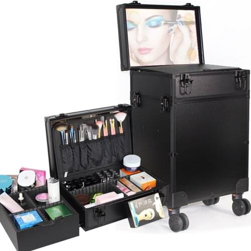 Professional with mirror trolley cosmetic luggage makeup artist large capacity suitcase nail tattoo tool storage case