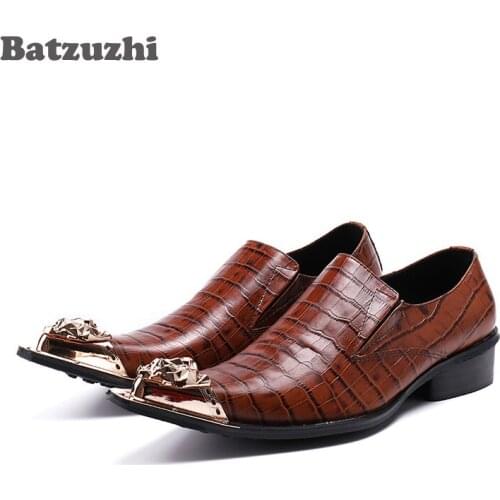 Batzuzhi Handmade Luxury Men Dress Shoes Gold Metal Toe Formal Leather Dress Shoes Men Brown Leather Business Oxfords, US12 EU46