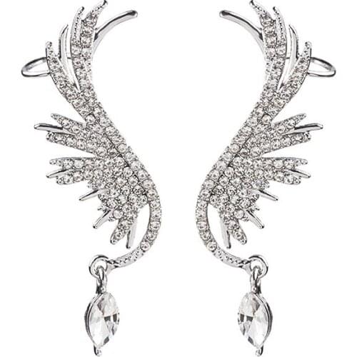 Angel Wing Earrings For Women Girl Luxury Bridal Wedding Gold Silver Rhinestone Charm Fairy Cuff Earrings Kpop Boho Jewelry Gift