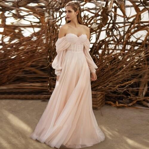 Puff Sleeve Appliques Lace Long Sleeves Wedding Dresses Off Shoulder Tulle Boho Bride Gowns 2021 vestidos de novia