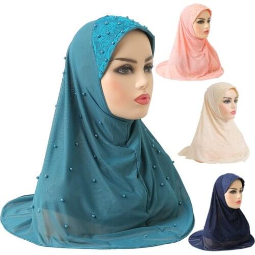 Gauze 2 Layer Muslim Women Hijabs Scarf Beads Decor Turban Head Wrap Islam Arabic Jersey Hijab Cap Net Yarn Headscarf Headband
