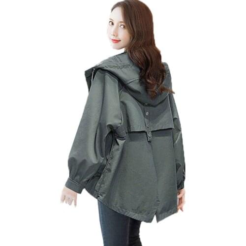 Korean Long Sleeve Fashion Hooded Windbreaker Spring Autumn New Womens Loose Solid Color Zipper Coat Jacket Female Plus Size