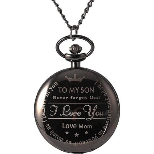 Retro large size quartz pocket watch TO MY SON LOVE MOm series black smooth face Roman scale pocket watch with necklace
