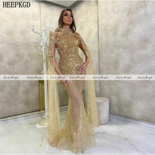 Gold Luxury Dubai Evening Dress Long Sleeves Mermaid Shiny Beads Sequin Sexy Special Occasion Dresses Plus Size Prom Gowns