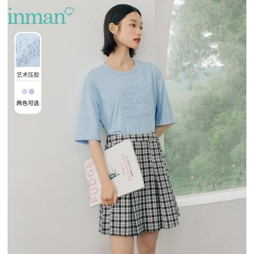INMAN Summer Autumn T-Shirt Women Simple Round Collar Design Artistic-Sense Pressing Rubber Loose Short Sleeve Top
