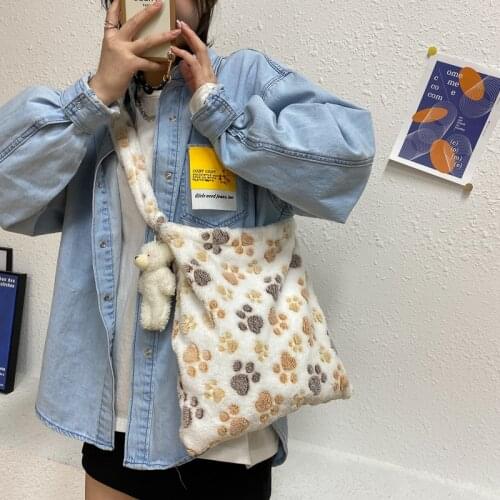 Women Lamb Fabric Shoulder Tote Bag Canvas Fluffy Fur Handbags Large Capacity Soft Shopping Bags Girls Cute Casual School Bag