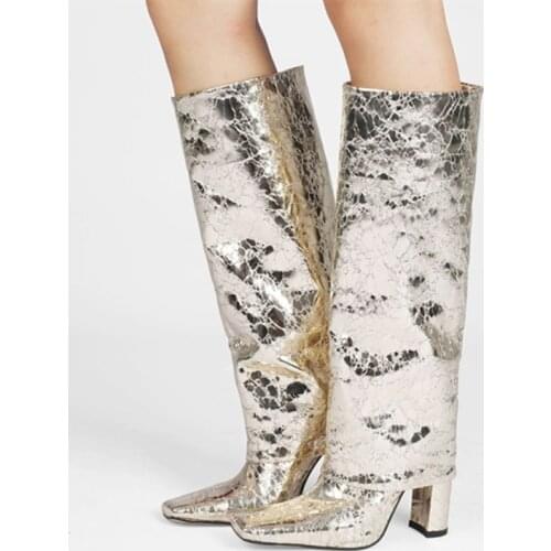 Cracking Slip on Ladys Knee High Boots Square Toe Gold Silver Designers Shoes Women High Heel Booty Custom Plus Size 47