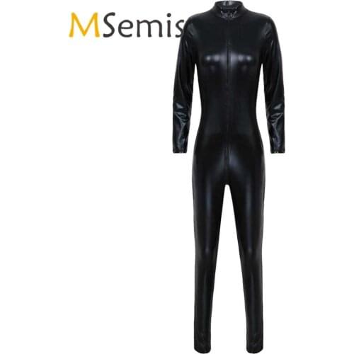 Womens Catsuit Latex Bodysuit Metallic Patent Leather Stand Collar Long Sleeve Zipper Bodysuit One-piece Slim Fit Jumpsuits