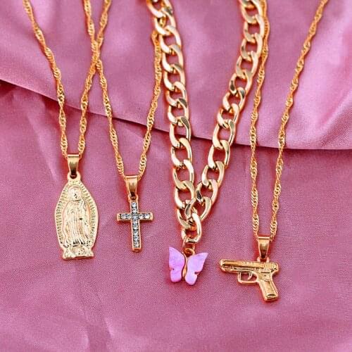 JUST FEEL Multilayer Crystal Cross Pistol Pendant Necklace for Women Fashion Portrait Butterfly Choker Necklace Punk Jewelry