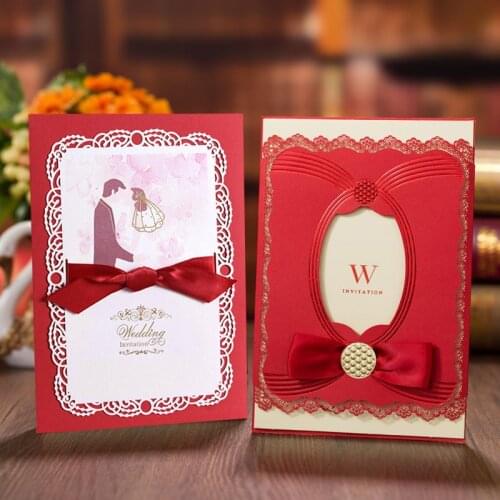 100 pieces/lot) Bride&Groom Red Wedding Invitations With Bowknot Personalized Print Lace Engagement Invitation Card CX070W
