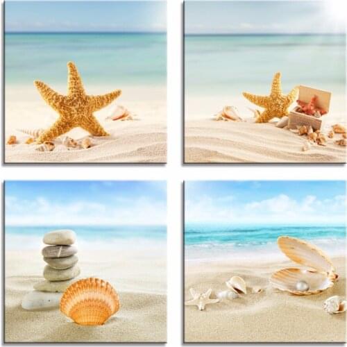 4 Piece Modern Seascape shells Canvas Print Artwork Landscape Sea Beach Pictures Canvas Paintings Wall Art for Home Decorations