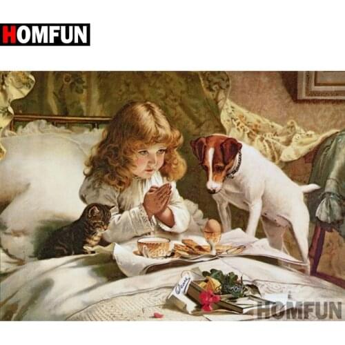 HOMFUN 5D DIY Diamond Embroidery Full Display "Girl cat dog flower" Diamond Painting Square/Round Rhinestones Decor Art A27199