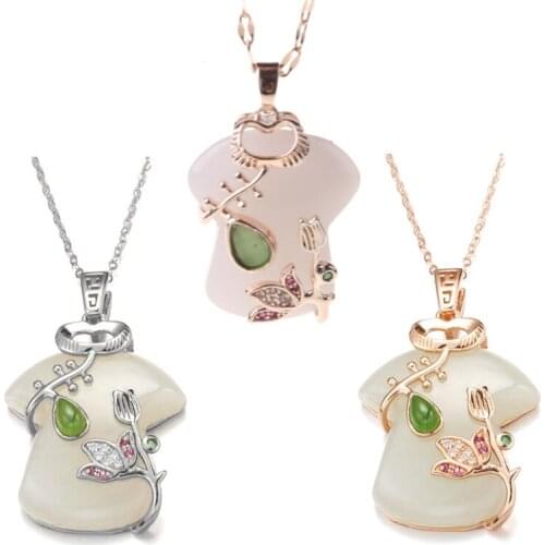 White Resin Jade Chinese Traditional Cheongsam Dress Pendant Necklace Elegant Womens Necklace Boutique Jewelry Gift