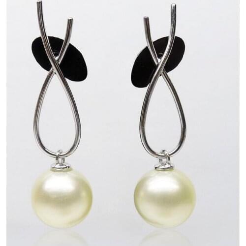 Free Shipping Luminous 12.8MM AAA Real South Sea Cream Pearl Long Drop Earrings 18K White Gold #0207
