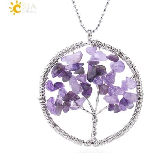 CSJA 10 Colors Wisdom Tree of Life Reiki Chakra Natural Stone Beads Pendant Necklace Rainbow Round Women Men Yoga Jewelry E152