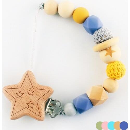 Baby Pacifier Chain Elephant Star Flower Heart Shape Wooden Clips Pacifier Clips Silicone Wood Beads Dummy Clips Baby Feeding