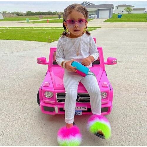 Kids Fur Slippers Fluffy Slides Summer Plush Fashion Natural Fox Fur Flip Flops Baby Furry Sandals