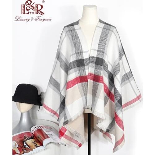 2020 Double-Sided Cashmere Winter Poncho One Side Plaid Thicker Shawls and Wraps The other Side Solid Women Cardigan Pashmina