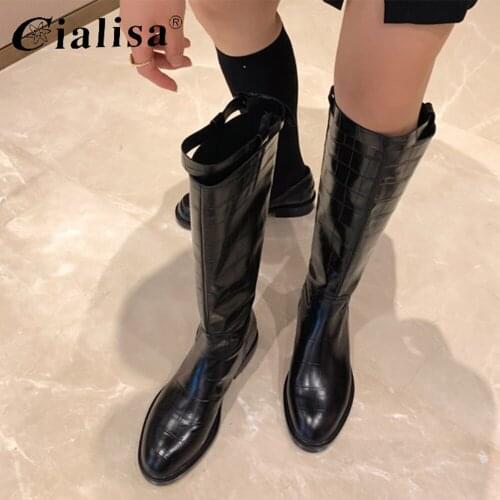 CIALISA Women Shoes Round Toe Genuine Letaher Low Heel Knee High Boots 2020 Fashion Lady Autumn Winter Slip On Warm Boot
