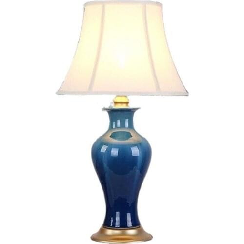 Handmade Chinese Style Classic Blue Ceramic Fabric Led E27 Table Lamp for Wedding Decor Living Room Bedroom H64cm Dia35cm 1616