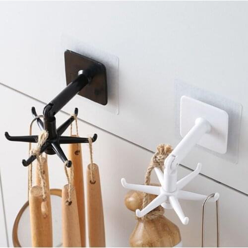 360° Rotatable Kitchen Hooks Punch-free 6 Jaw Wall Hooks Multi-Purpose Storage Rack Kitchen Organizer Rack Accessories 1pc