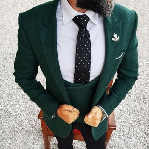 Tailor Made Men Suits 2021 Dark Green Blazer Three Piece Jacket Black Pants Vest Slim Fit Groom Wedding Tuxedos