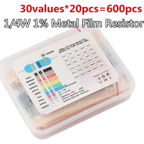 30values X20pcs=300pcs 1/4W Metal Film Resistor Kit 1% Resistor Assorted Kit Set 10R -1M Ohm Resistance Box