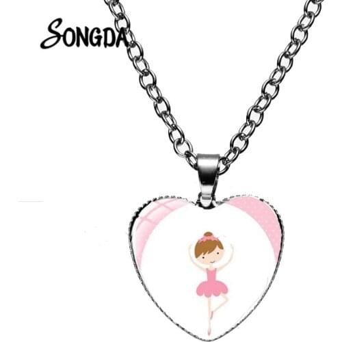 Newest Cartoon Ballerina Girl Necklace Dancing Dream Theme Glass Dome Heart Pendant Handmade Elegant Jewelry for Daughter