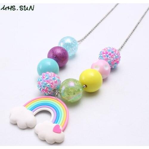 MHS.SUN Rainbow Pendant Chunky Beads Necklace Colorful Fashion Girls Kids Long Chain Necklace Baby Child Party Favor Jewelry