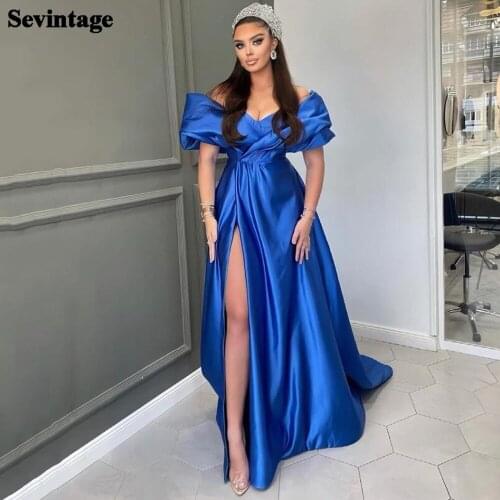Sevintage A Line Royal Blue Satin Prom Dresses Long Off The Shoulder Evening Party Gowns Slit Womens Special Occasion Dress