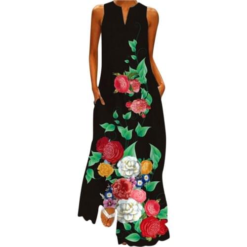 Women Sleeveless Cami Dress With Pockets Bohemian Rose Leaf Print Maxi Long Dresses Vintage V Neck Loose Sundress Robe Longue