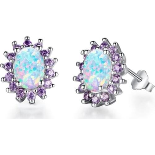 Silver Plated Oval Shape Opalite Opal Stud Earrings for Women with Small Amethysts Crystal Jewelry