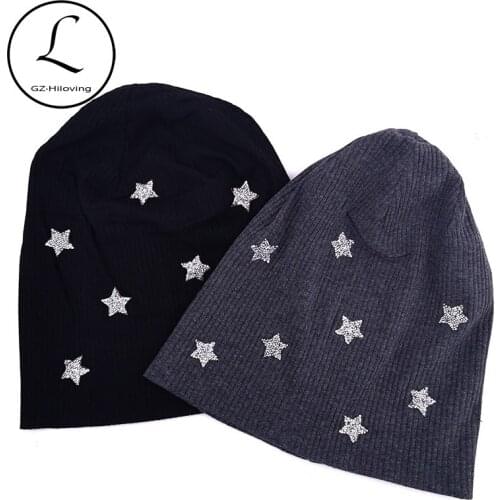 Casual Winter Star Rhinestone Beanies hats For Women ladies Solid Slouchy Cotton Ribbed Knit caps Skullies Girls Bonnet Gorros