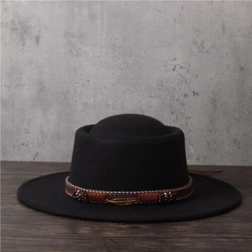 Women Men Wool Fedora Hat Lady Flat Pork Pie Hat Gentleman Flat Bowler Porkpie Top Jazz Hat
