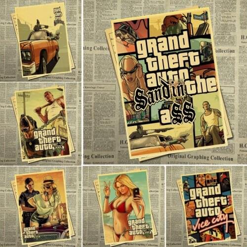World-famous game with crime Retro Poster -Grand Theft Auto- Game Lover Collection Home Wall Sticker/ Bar Decor Kraft Paper