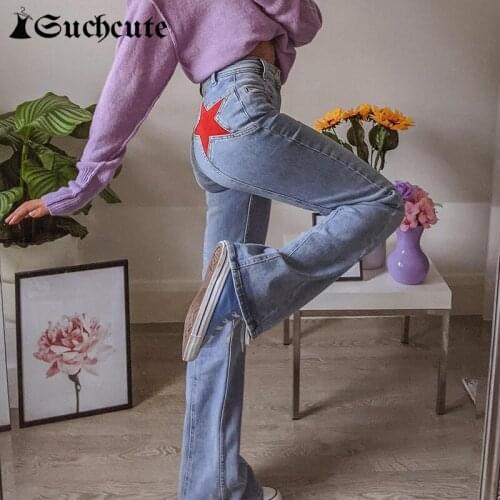 SUCHCUTE High Street Aesthetic Printed High Waist Denim Pants 2021 y2k Fashion Women Flare Pants Korean Style Trousers Harajuku