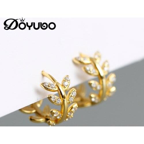 DOYUBO New Arrival Womens 925 Sterling Silver Leaf Hoop Earrings Jewelry Trendy Cubic Zircon Leaves Earrings Accessories VC280