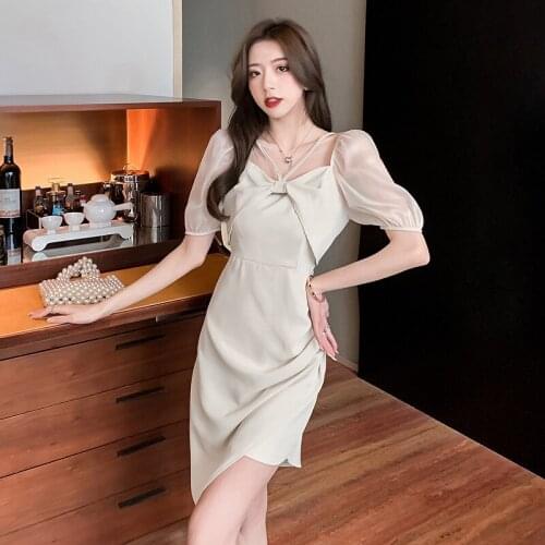2021 Summer New Arrival High-End Customization Women Puff Sleeve Dress Elegant Temperament Female Slim Neck-Mounted