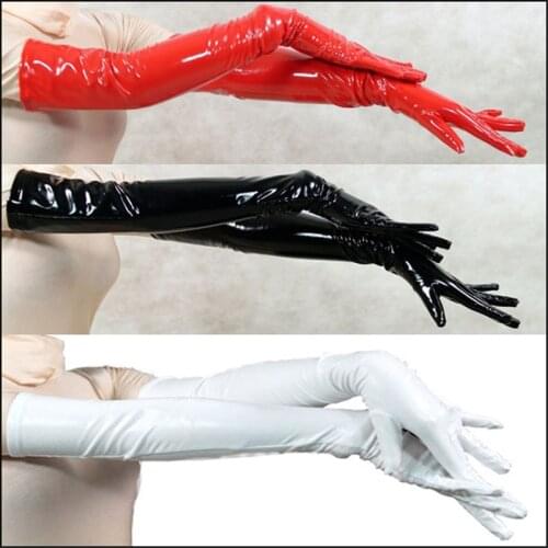 2018 Pair Wholesale Genuine PVC Vinyl Lycra Spandex Zentai Long Black/Red Opera Gloves Unisex Latex Bondage Clubwear PVC Gloves