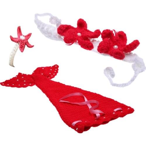 ABWE Baby Photo Props Infant Mermaid Red Crochet Knitting Costume Soft Adorable Clothes Photo Photography Props Newborn